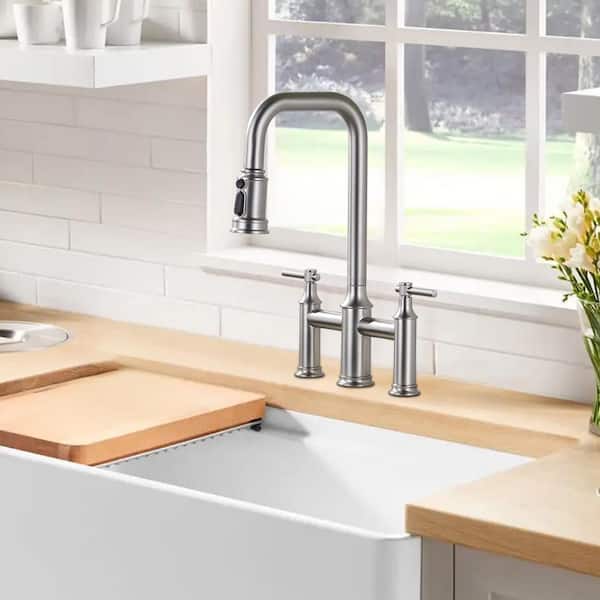 3 Patterns Double Handle Pull Down Bridge Kitchen Faucet with 360° Swivel Spout for 3 Holes in Brushed Nickel