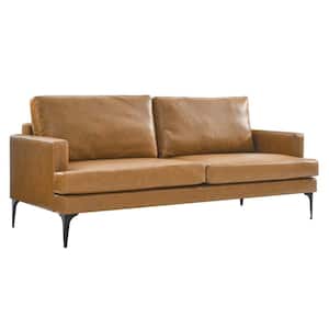 Evermore 75.5 in. Square Arm Faux Leather Rectangle Sofa in Tan Brown
