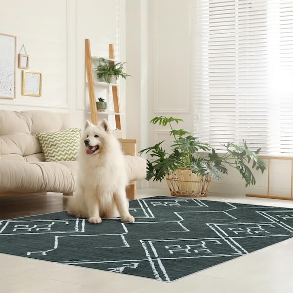 Aspen Green Creme 8 ft. x 10 ft. Machine Washable Tribal Moroccan Bohemian Polyester Non-Slip Backing Area Rug