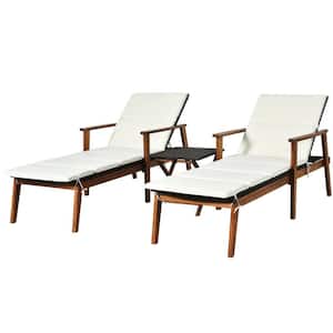 3-Piece Acacia Wood Patio Outdoor Chaise Lounge Chair Set with Folding Table and White Cushions
