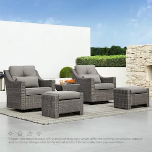 Thaddeus 5 Pieces Gray Fabric Chair Set with 2 Rocking Wicker Swivel Arm Chairs with Cusions,2 Ottomans and Side Table