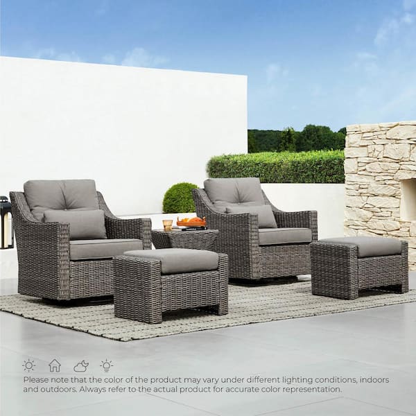 Spruce & Spring Thaddeus 5 Pieces Gray Fabric Chair Set with 2 Rocking Wicker Swivel Arm Chairs with Cusions,2 Ottomans and Side Table