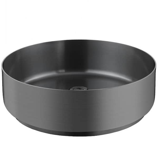 AKDY Brushed Graphite Black Stainless Steel Round Bathroom Vessel Sink with Pop-Up Drain
