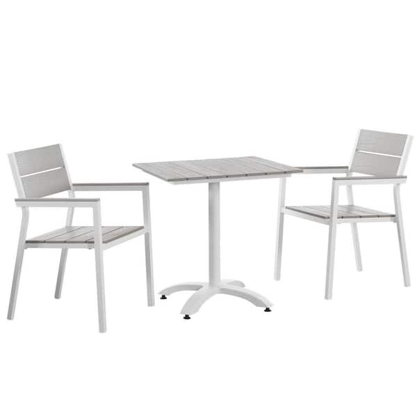 Modway Maine Aluminum 3-Piece Dining Set Outdoor Patio with 28 in. Dining Table and 2-Dining Armchairs in White Light Gray