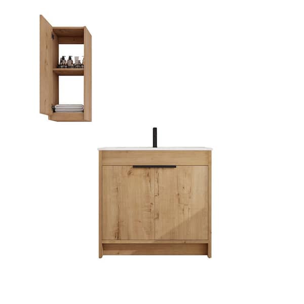 Sheffield 36 in. W x 18.30 in. D x 34.3 in. H Freestanding Bath Vanity Cabinet in Imitative Oak with White Ceramic Top
