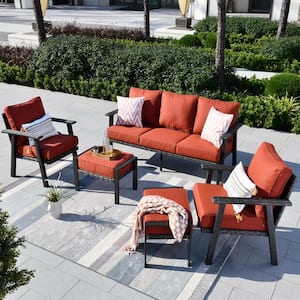 Walden Grey 5-Piece Wicker Metal Outdoor Patio Conversation Sofa Seating Set with Orange Red Cushions