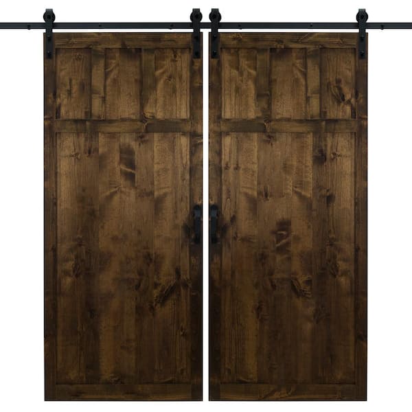 Dogberry 42 in. x 84 in. Dark Chocolate Craftsman Wood Double Sliding Barn Door with Hardware Kit