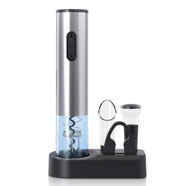 Silver 5-in-1 Electric Wine Bottle Opener Set with Corkscrew Storage Base Foil Cutter Pourer Stopper
