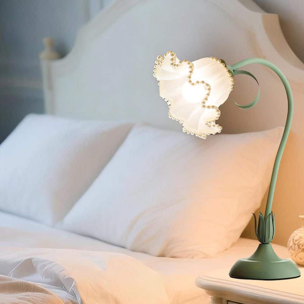 19 in. Green Vintage Flower Bedside Table Lamp with LED Bulb