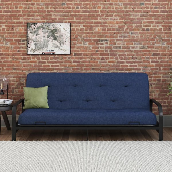 REALROOMS Cozey 8 in. Pocket Spring Coil Futon Mattress, Polyester Linen, Full, Indigo Blue