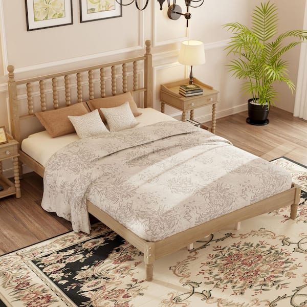 Natural Brown Wood Frame Queen Size Platform Bed with Gourd Shaped Headboard