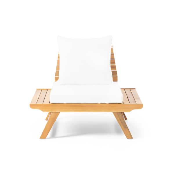 Misopily Unique Design Acacia Wood Outdoor Lounge Chair with Slat Panel Style Stable and Sturdy in Water-Resistant White Cushions