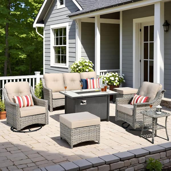 HOOOWOOO Verona 7-Piece Wicker Outdoor Patio Fire Pit Furniture Conversation Sofa Set with Swivel Chairs and Beige Cushions