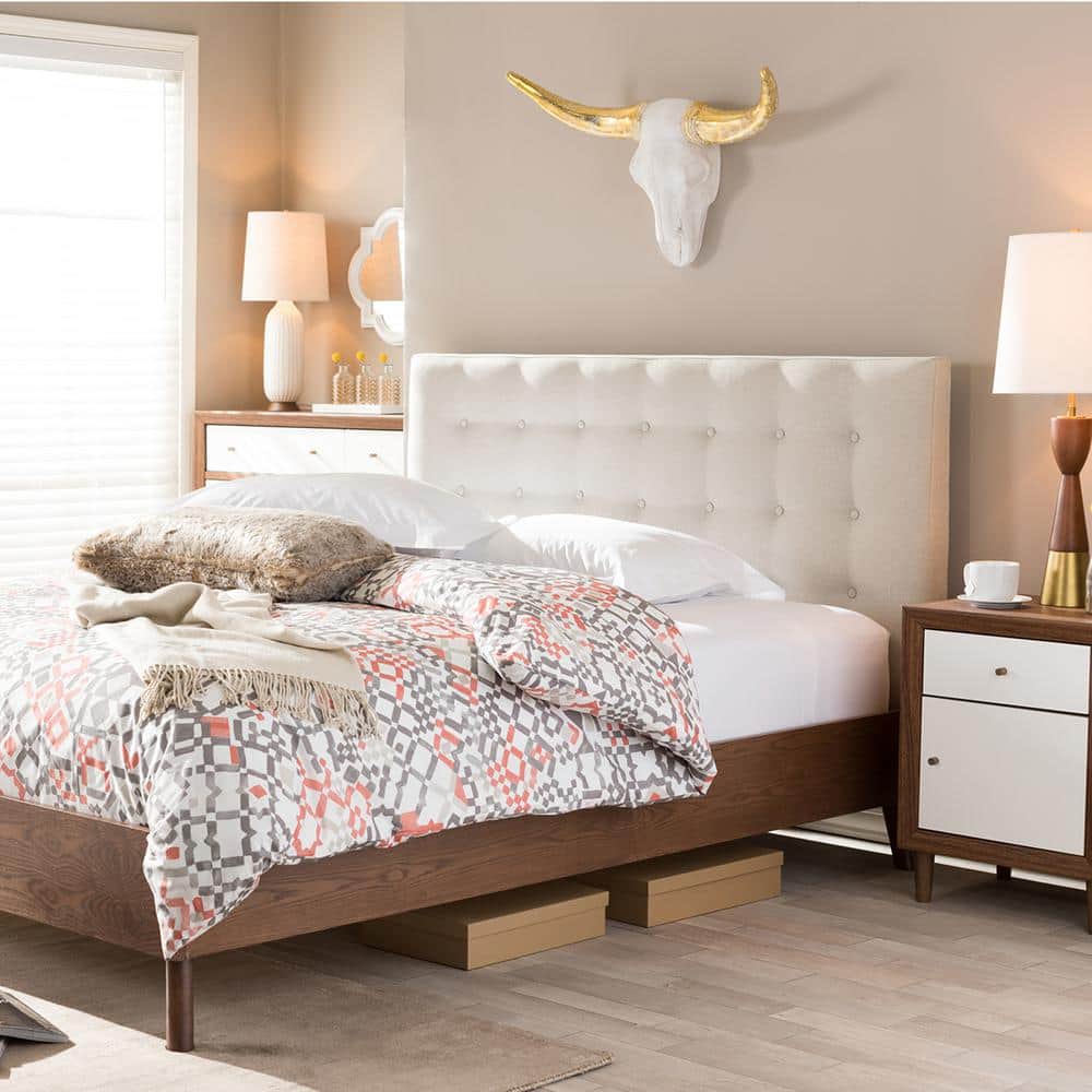 Alinia Light Beige Fabric Upholstered Walnut Wood Queen Platform Bed