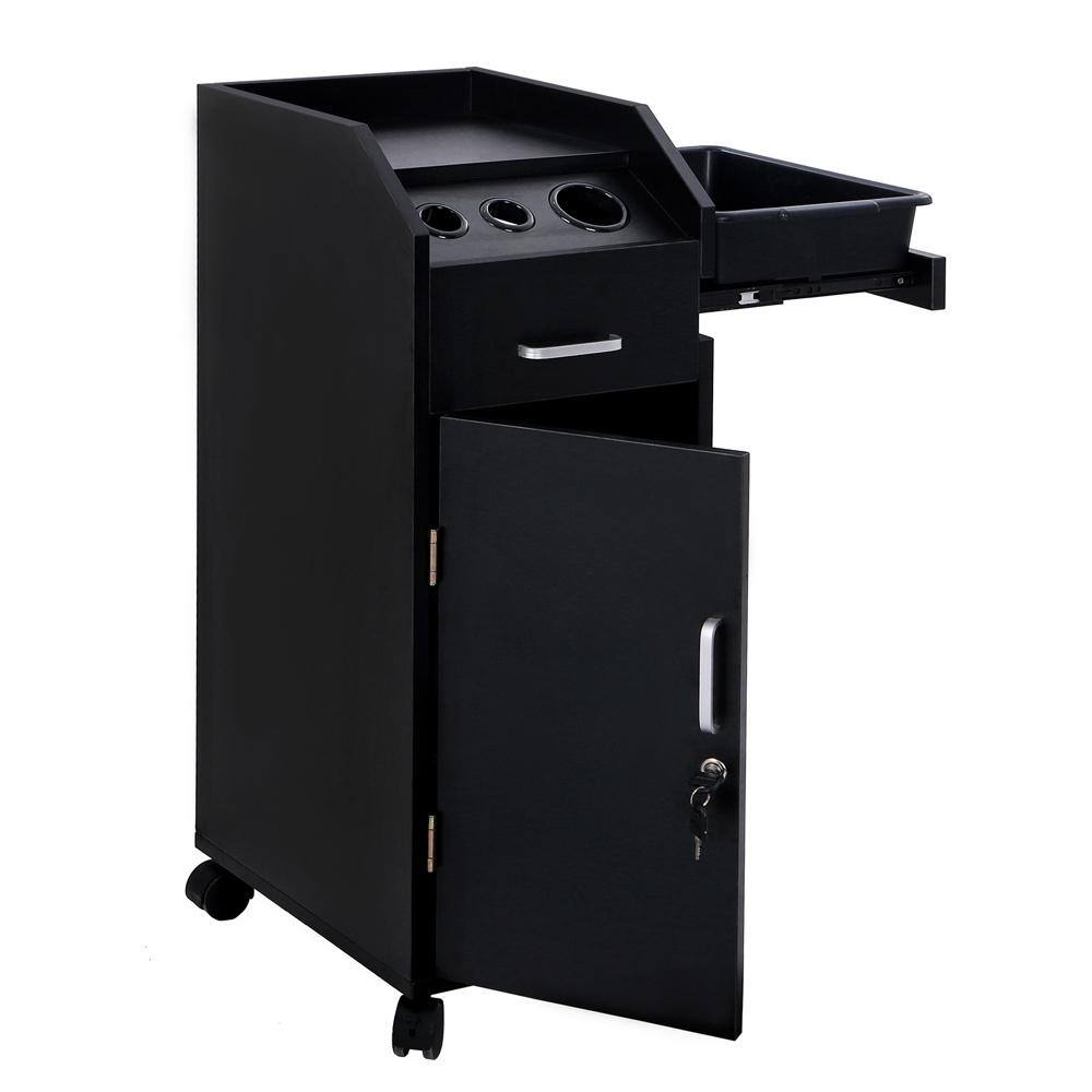 Black Wood Salon Trolley Storage Cart with Lockable Wheels