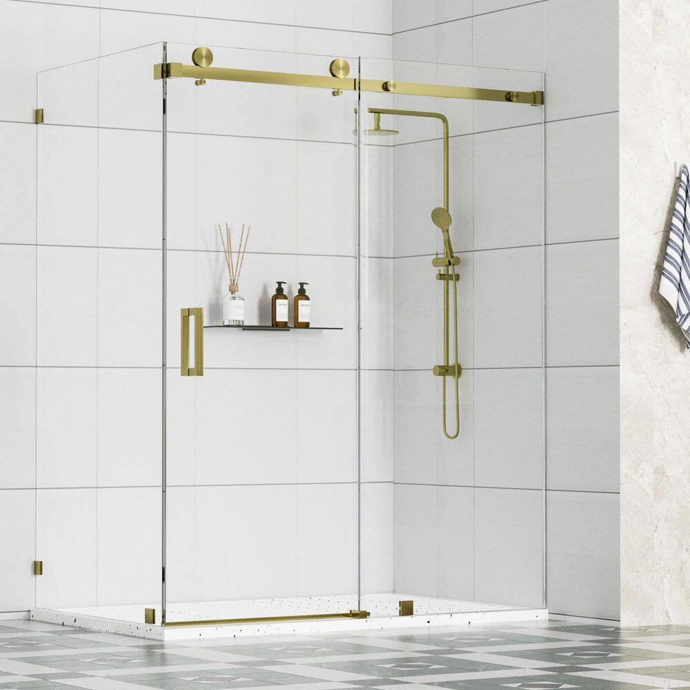 Resa 54 in. W x 33 in. D x 76 in. H Sliding Frameless Corner Shower Enclosure in Brushed Gold with 3/8 in. Clear Glass price history on PriceWatchPro