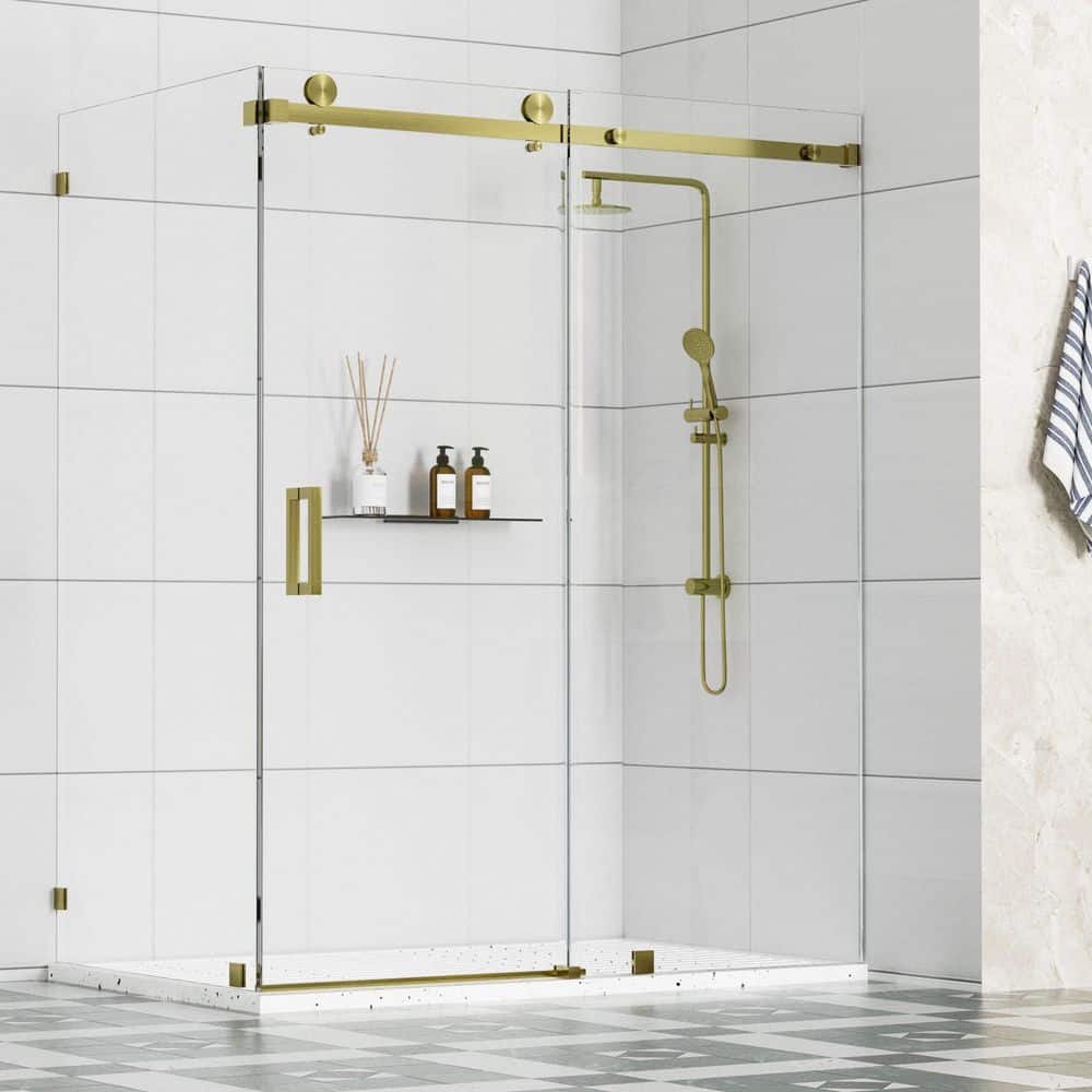 Resa 72 in. W x 35 in. D x 76 in. H Sliding Frameless Corner Shower Enclosure in Brushed Gold with 3/8 in. Clear Glass price history on PriceWatchPro