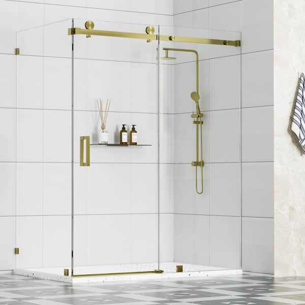 Resa 72 in. W x 36 in. D x 76 in. H Sliding Frameless Corner Shower Enclosure in Brushed Gold with 3/8 in. Clear Glass