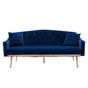 65 in Navy Blue Velvet Upholstered Tufted Convertible Sofa Bed with Golden Metal Legs