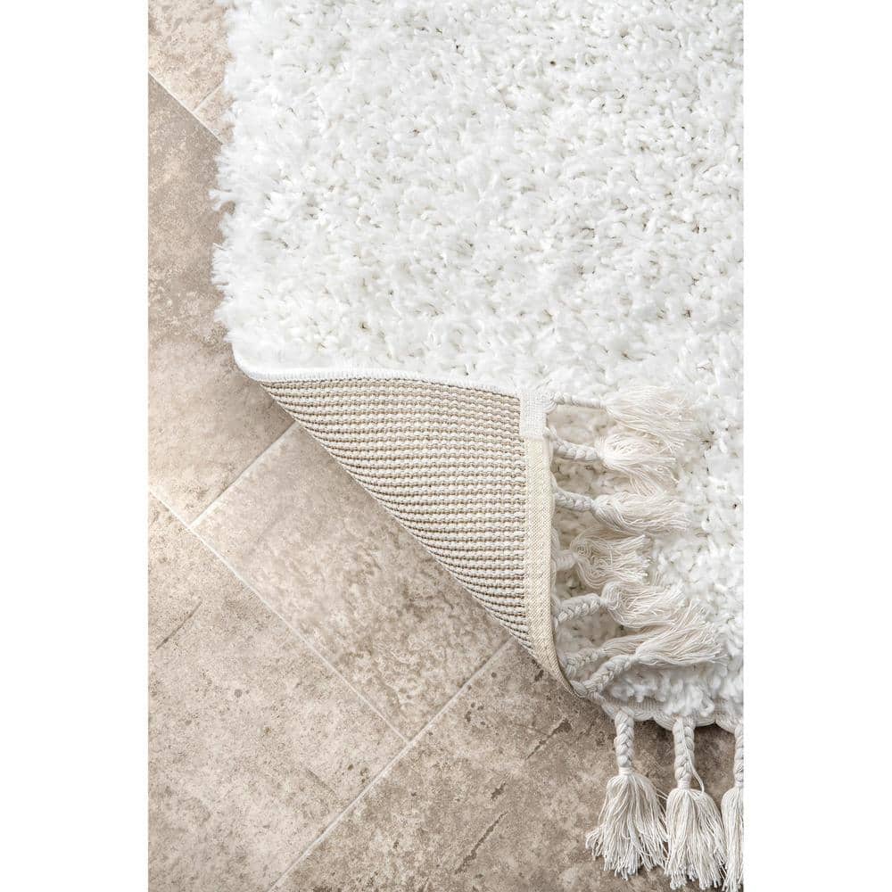 Ivory Rectangular Braided Shag Area Rug with Tassels