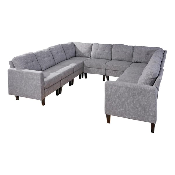 Noble House 10-Piece Gray Tweed/Dark Brown Polyester U-Shaped Sectional Sofa with Wood Legs