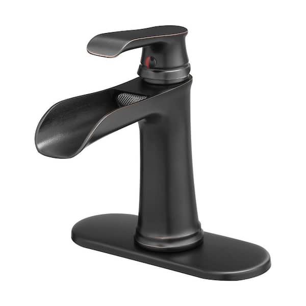 Waterfall Single Hole Single Handle Low Arc Bathroom Faucet with Deckplate and Supply Lines in Oil Rubbed Bronze