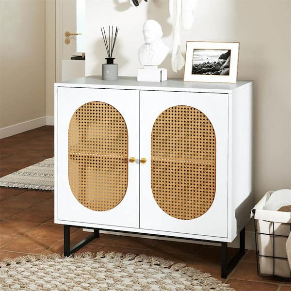 White MDF Buffet Cabinet with 2 Doors Adjustable Shelf Metal Legs Accent Floor Cabinet