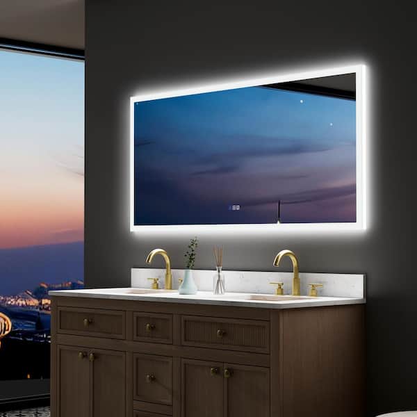 null 60 in. W x 28 in. H Wall Rectangular Frameless Back Front-Lit 3-Colors LED Light Anti-Fog Wall Bathroom Vanity Mirror
