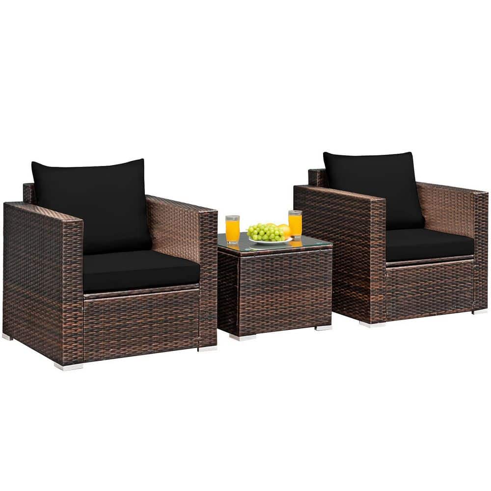 Black 3-Piece Rattan Patio Conversation Set with Cushions