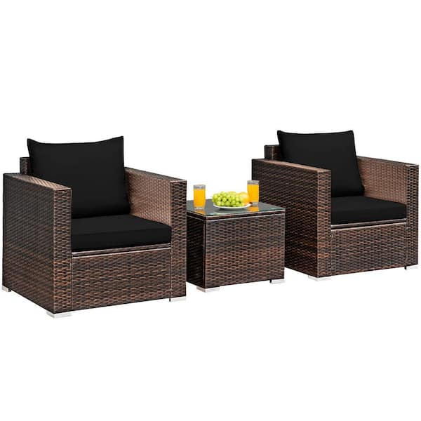 Alpulon 3-Piece Wicker Patio Conversation Set Sofa with Black Cushions
