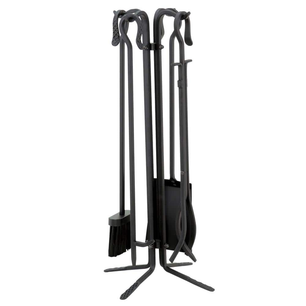 UniFlame Black Wrought Iron 5-Piece Fireplace Tool Set with Crook Handles