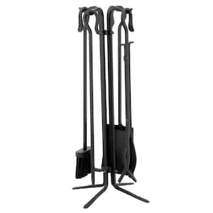 Black Wrought Iron 5-Piece Fireplace Tool Set with Crook Handles