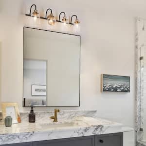 Walnute 31.5 in. Modern 4-Light Brass Gold Bathroom Vanity Light, Black Bath Lighting with Bell Seeded Glass Wall Sconce