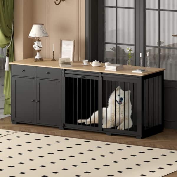 FUFU&GAGA Modern Large Wooden Dog Kennel Furniture Storage Cabinet, Pet Dog Cage with 2 Drawers and Sliding Door for Dogs, Black