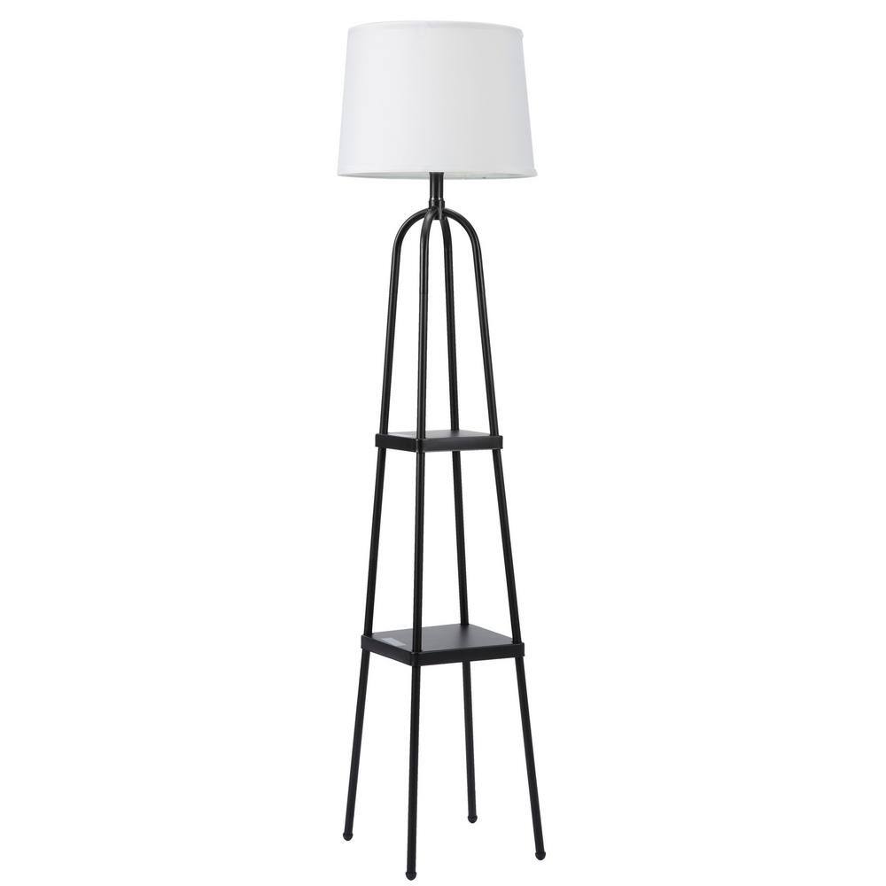 Merra 58.1 in. Black LED Shelf Floor Lamp with White Fabric Shade Metal ...