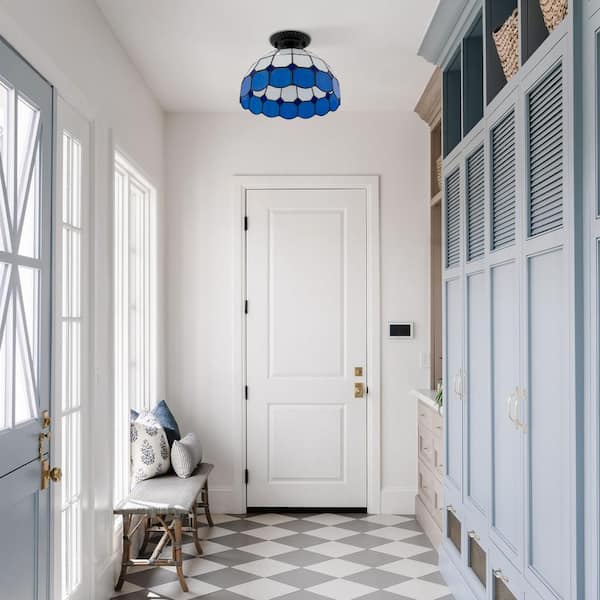 NUANS LED照明 OUKANING 11.81 in. 1-Light White and Blue Retro Semi-Flush