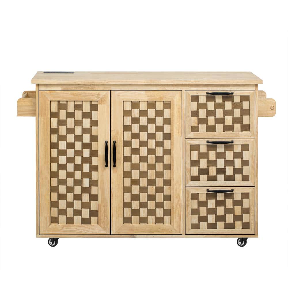 Natural Wood 53.2 in. Kitchen Island on 5 Wheels with Drop Leaf, Power Outl