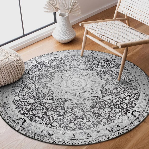 Parviz Grey Medallion 6 ft. Round Washable Area Rug