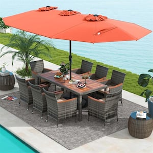 10-Piece Wicker Rectangle Outdoor Dining Set with Beige Neutral Cushions and Orange Umbrella