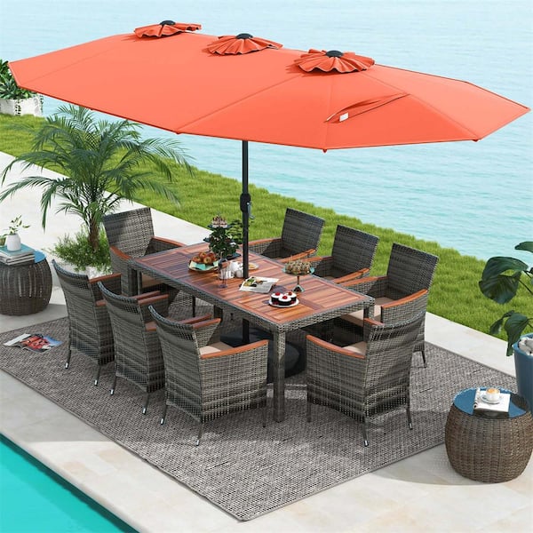 Costway 10-Piece Wicker Rectangle Outdoor Dining Set with Beige Neutral Cushions and Orange Umbrella