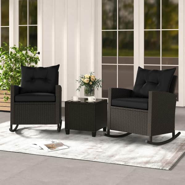 3-Piece Patio Rattan Wicker Outdoor Rocking Chair with Black Cushions and Tempered Glass Table Wicker Rocker Set