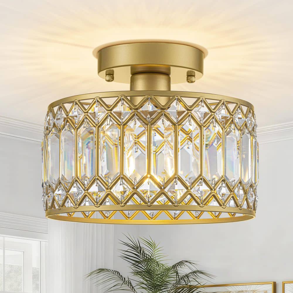 9.06 in. Gold Modern Crystal Semi-Flush Mount Ceiling Light for Bedroom, Hallway, or Entryway price history on PriceWatchPro