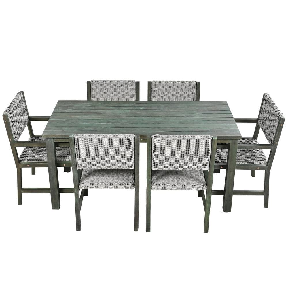 Gray 7-Piece Wood Outdoor Dining Set Rattan Patio Dining Chair with Rectang