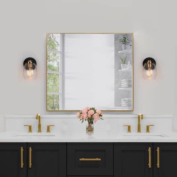Brass Vanity Mirrors on Black Wall - Transitional - Bathroom