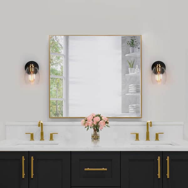 Transitional Cylinder Bathroom Wall Sconce 1-Light Industrial Plating Brass and Black Wall Light with Seeded Glass Shade