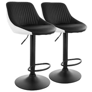 34 in. White with Black Faux Leather Low Back Adjustable Bar Stool with Black Metal base (Set of 2)