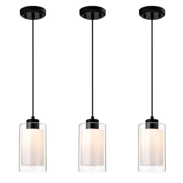 Avenue 1-Light Matte Black Mini Pendant Light with Clear Glass and White Glass Dual Shades, 4.75 in. (3-Pack)