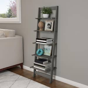 50 in. Gray Wooden 5-Shelf Leaning Ladder Bookcase with 5-Tiers