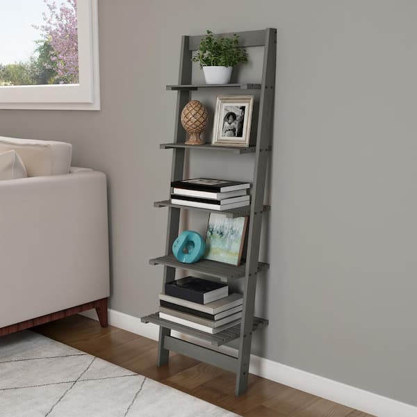 Lavish Home 50 in. Gray Wooden 5-Shelf Leaning Ladder Bookcase with 5-Tiers