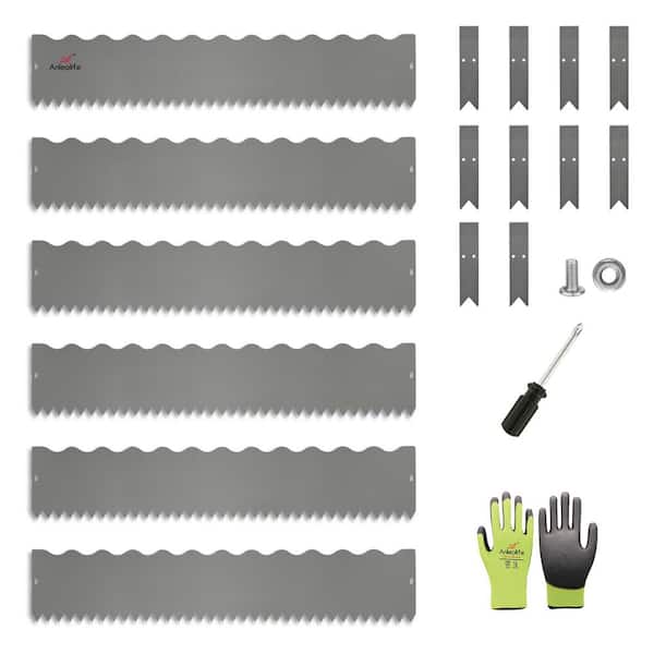A Anleolife 6 Pack 40" LX 8" H Galvanized Steel Garden Landscape Edging, Wavy Edge Lawn Border with Gloves and 10 Stakes(20FT Total)